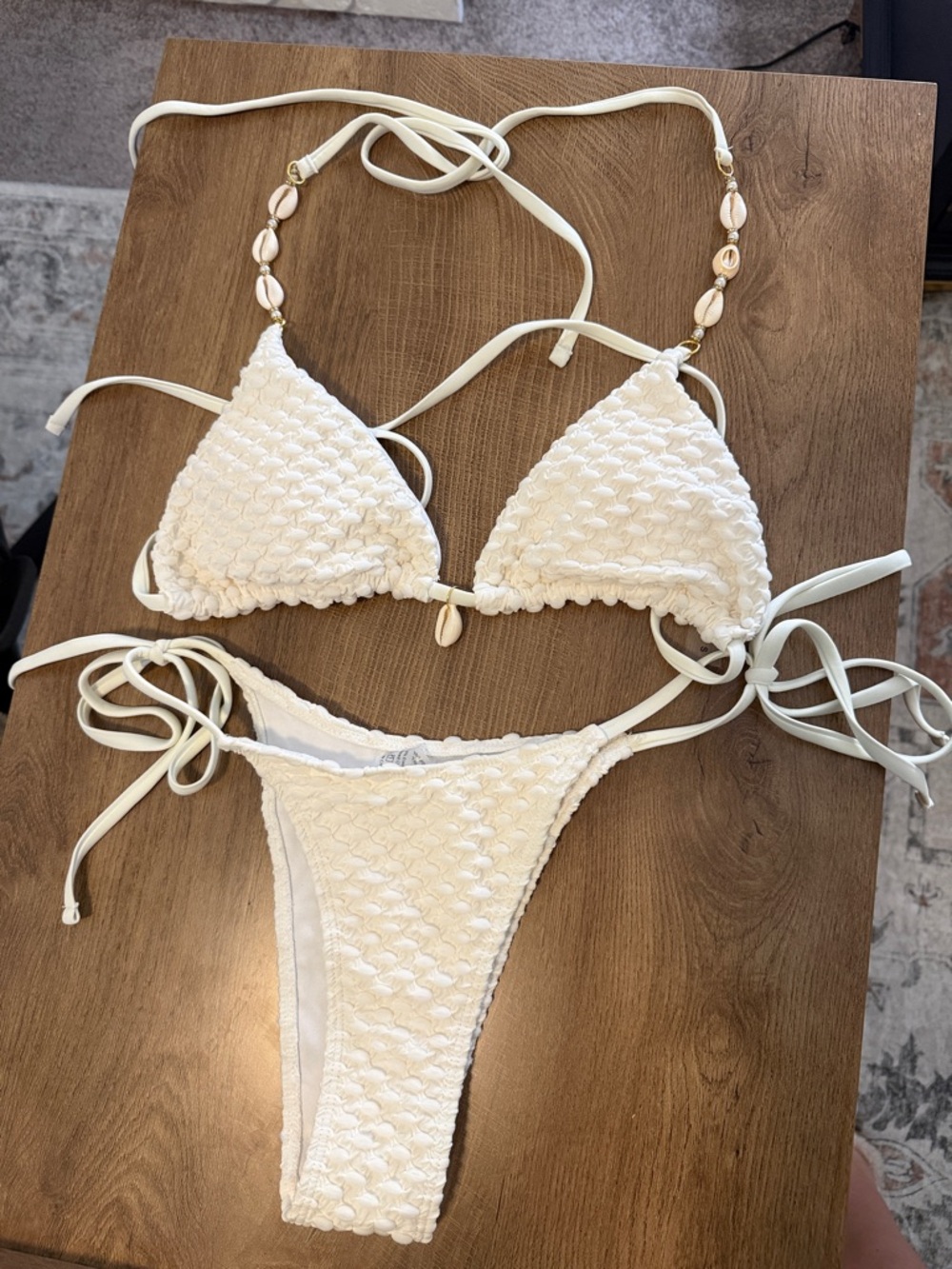 Women’s Cream Textured Triangle Bikini Set with Shell Accents